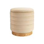 16" Beige And Natural Velvet Tufted Cylinder Ottoman With Storage