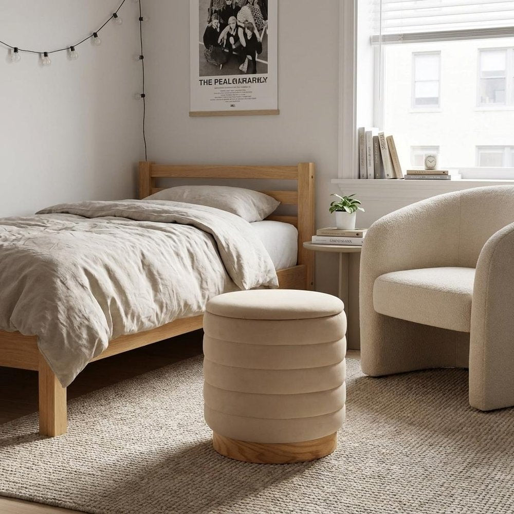 16" Beige And Natural Velvet Tufted Cylinder Ottoman With Storage