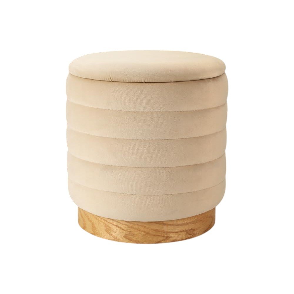 16" Beige And Natural Velvet Tufted Cylinder Ottoman With Storage
