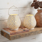 Set of Two 10" Beige Pierced Geometric Cordless Lantern Lamps
