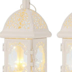 Set of Two 8" White Metal And Glass Pierced Scrollwork Lantern Lamps