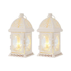 Set of Two 8" White Metal And Glass Pierced Scrollwork Lantern Lamps