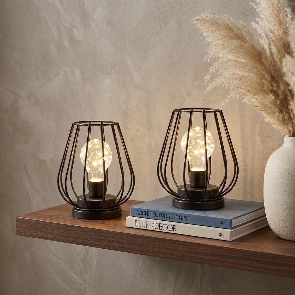 Set of Two 7" Black Geometric Cage Cordless Desk Lamps