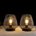 Set of Two 7" Antiqued Bronze Pierced Geometric Cordless Lantern Lamps