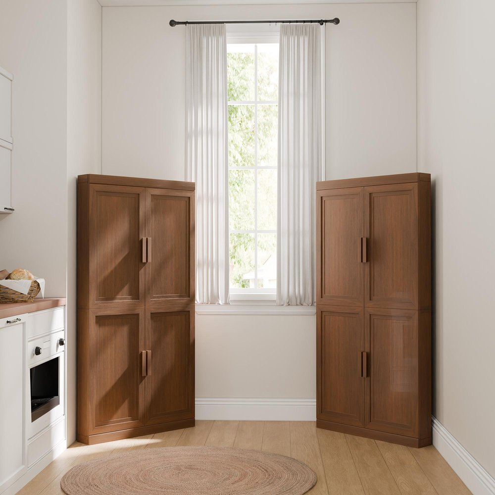 Set Of Four Walnut Wood Corner Accent Cabinet With Eight Doors