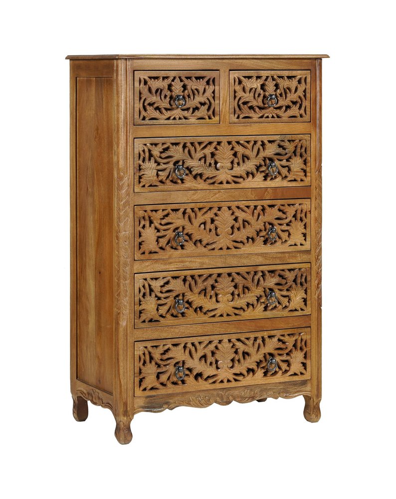 35" Brown Carved Floral Solid Wood Six Drawer Dresser