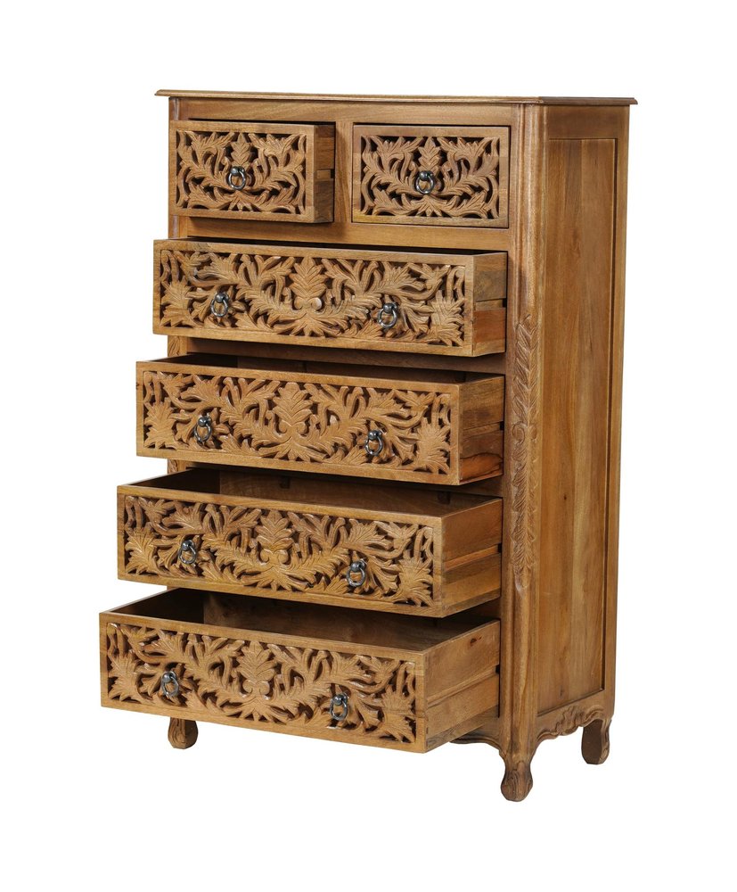 35" Brown Carved Floral Solid Wood Six Drawer Dresser
