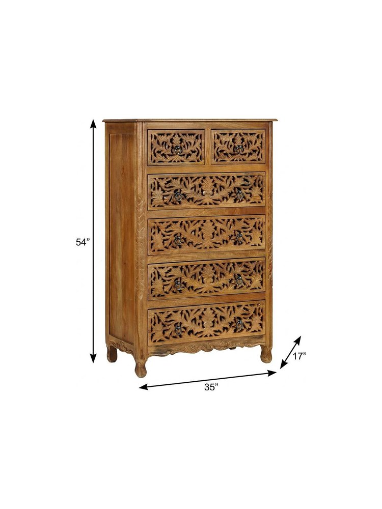 35" Brown Carved Floral Solid Wood Six Drawer Dresser