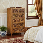 35" Brown Carved Floral Solid Wood Six Drawer Dresser