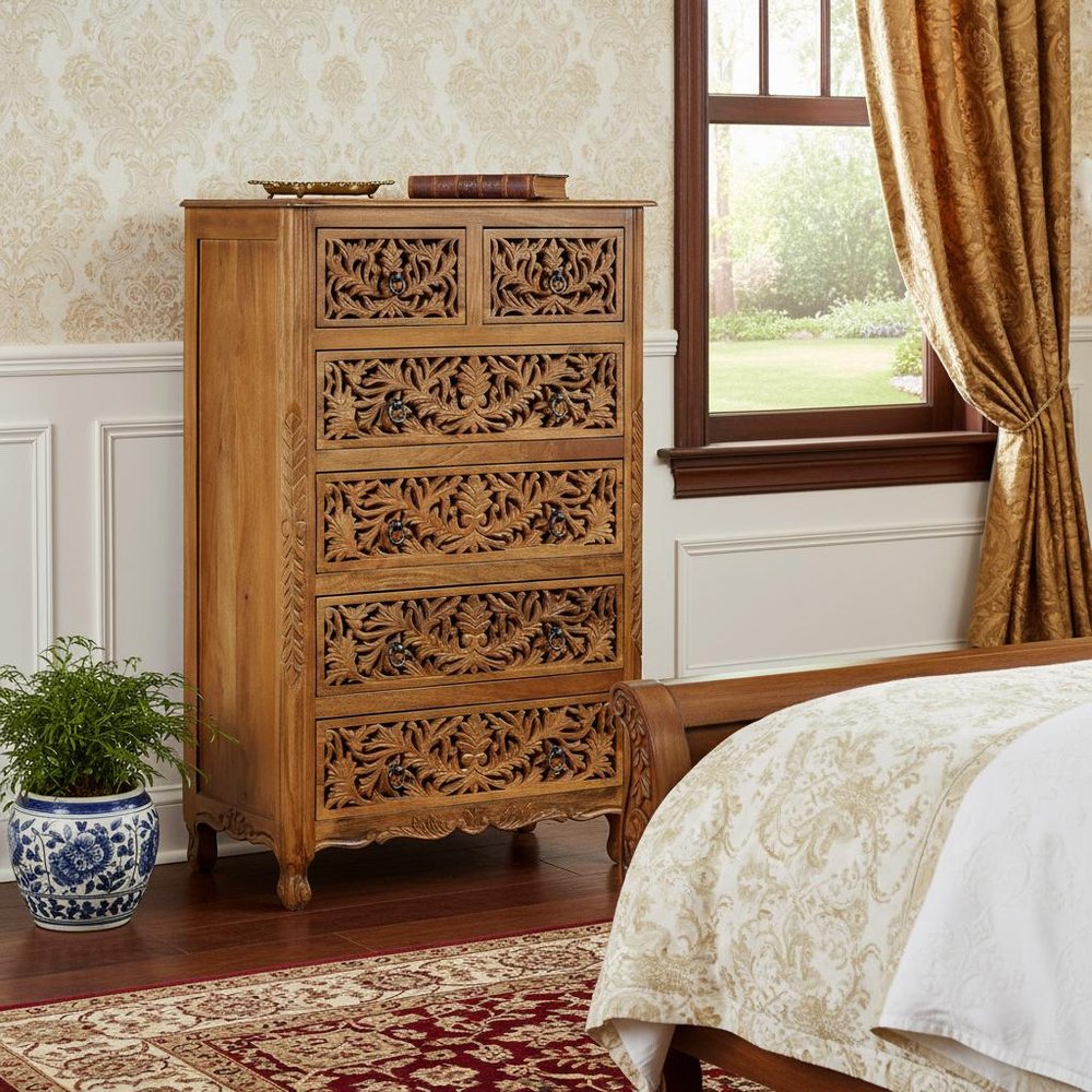 35" Brown Carved Floral Solid Wood Six Drawer Dresser