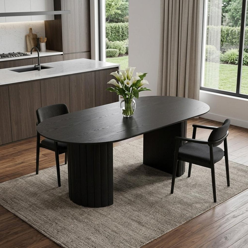 86" Black Wood Double Pedestal Base Oval Dining Table