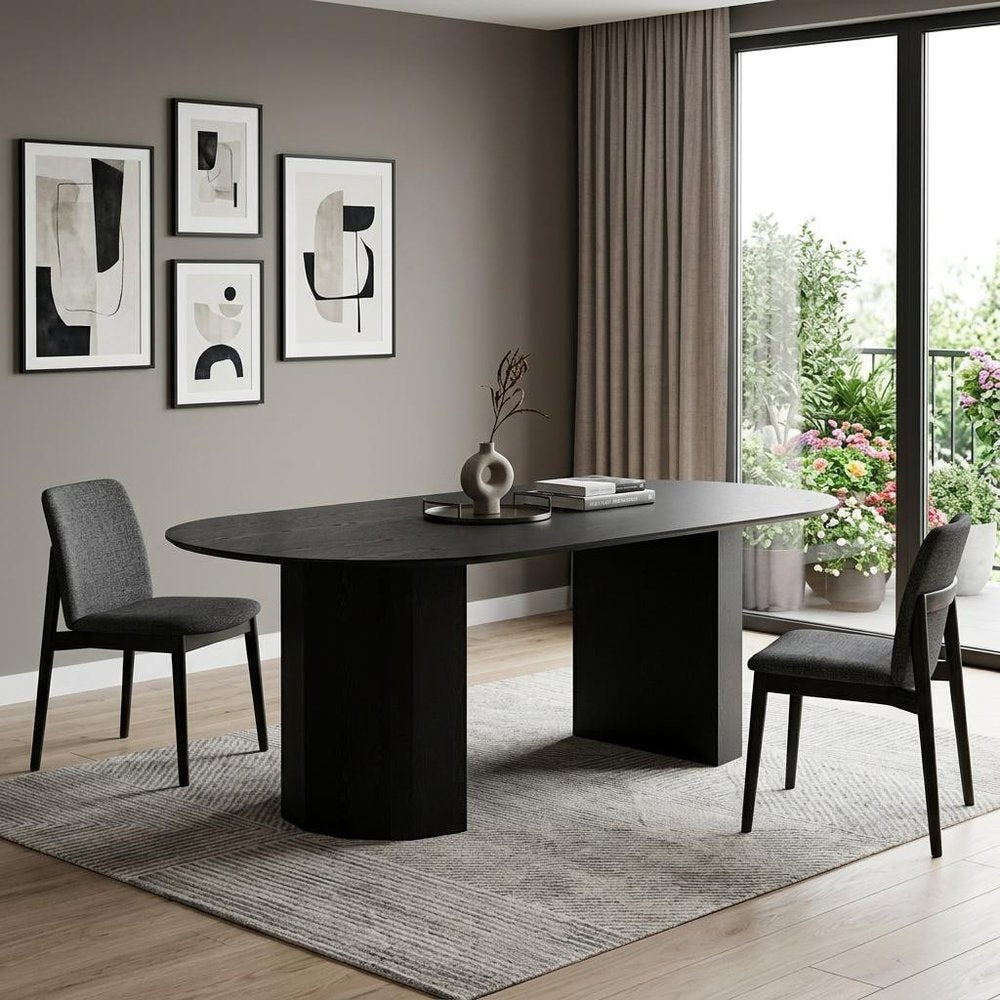 86" Black Wood Double Pedestal Base Oval Dining Table