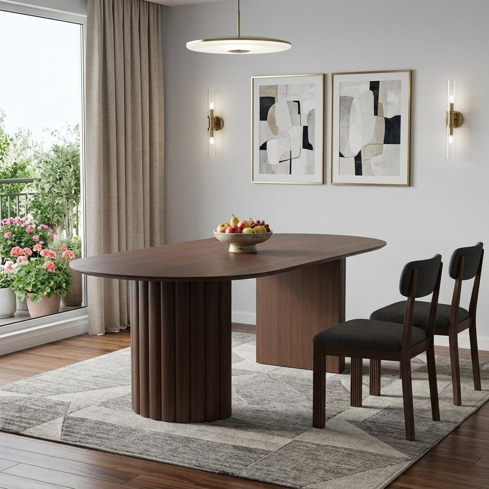86" Walnut Wood Double Pedestal Base Oval Dining Table