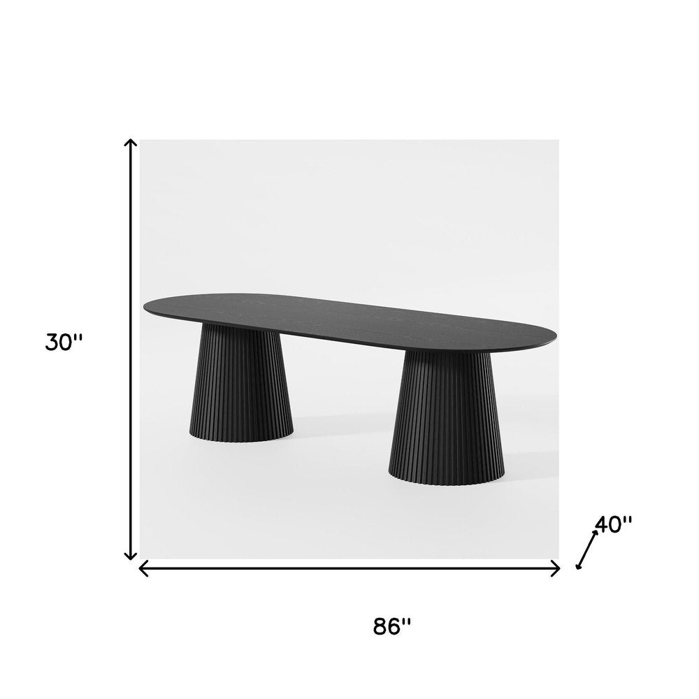 86" Black Wood Double Pedestal Base Oval Dining Table