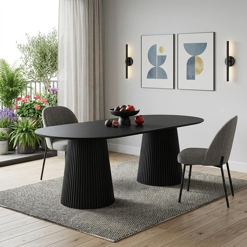 86" Black Wood Double Pedestal Base Oval Dining Table