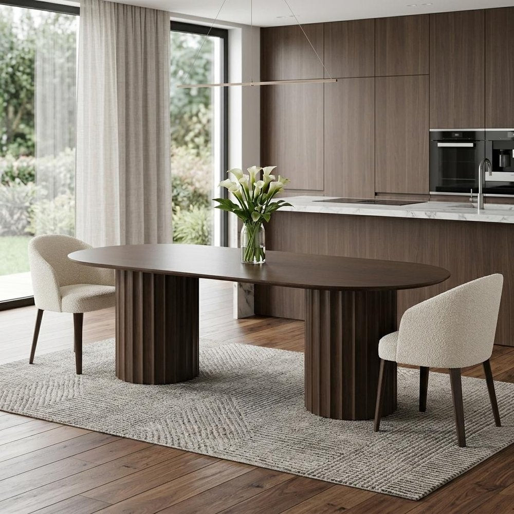 86" Walnut Wood Double Pedestal Base Oval Dining Table