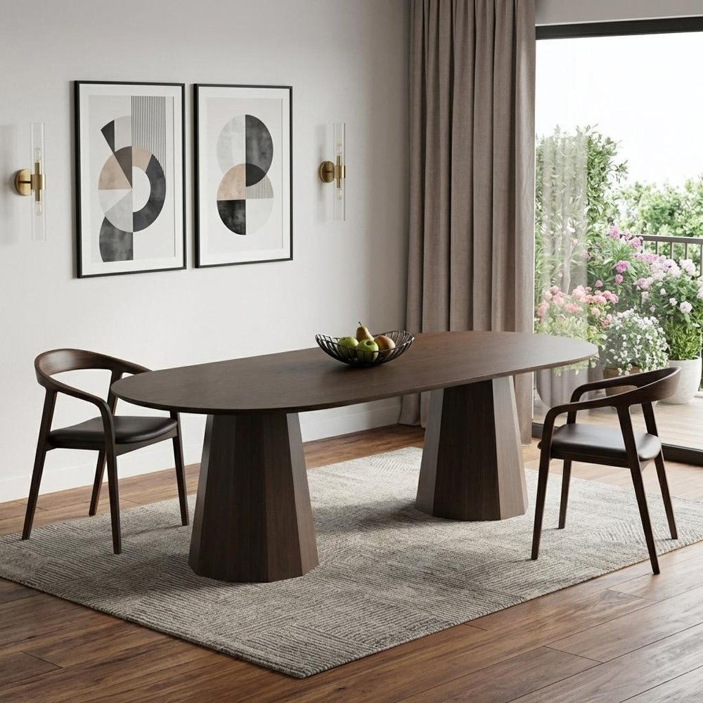 86" Walnut Wood Double Pedestal Base Oval Dining Table