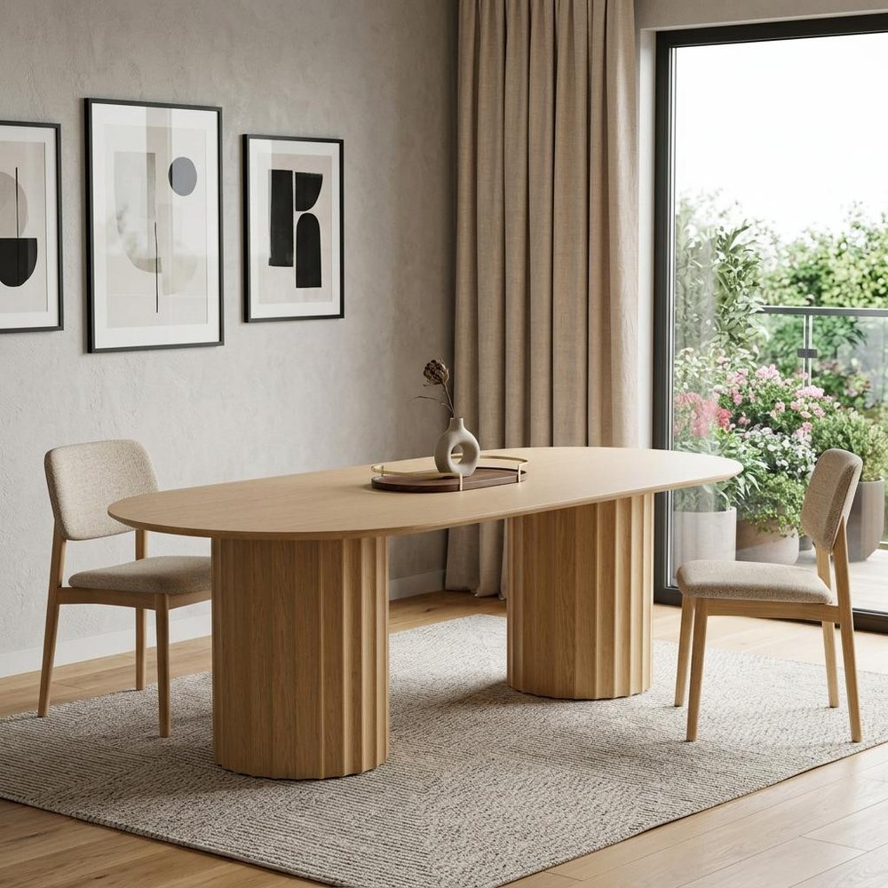 86" Natural Wood Double Pedestal Base Oval Dining Table