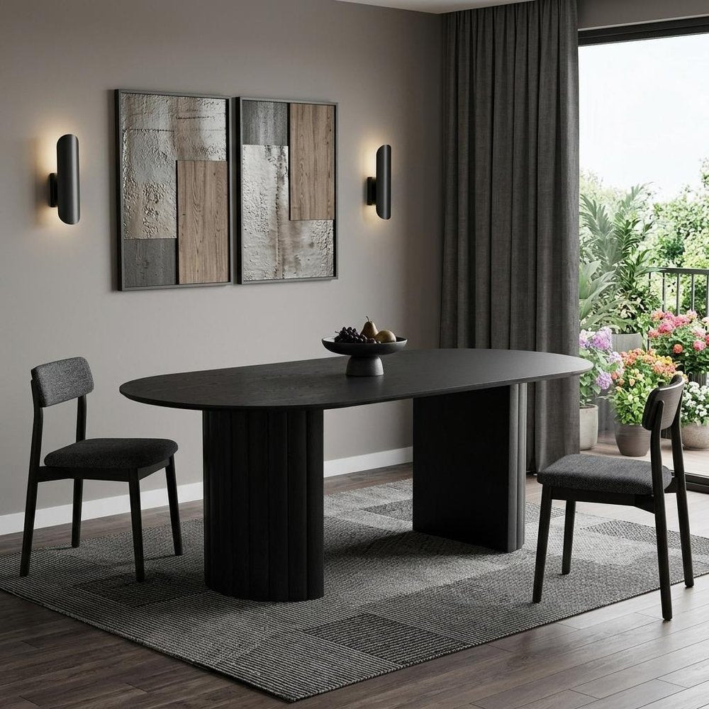 86" Black Wood Double Pedestal Base Oval Dining Table