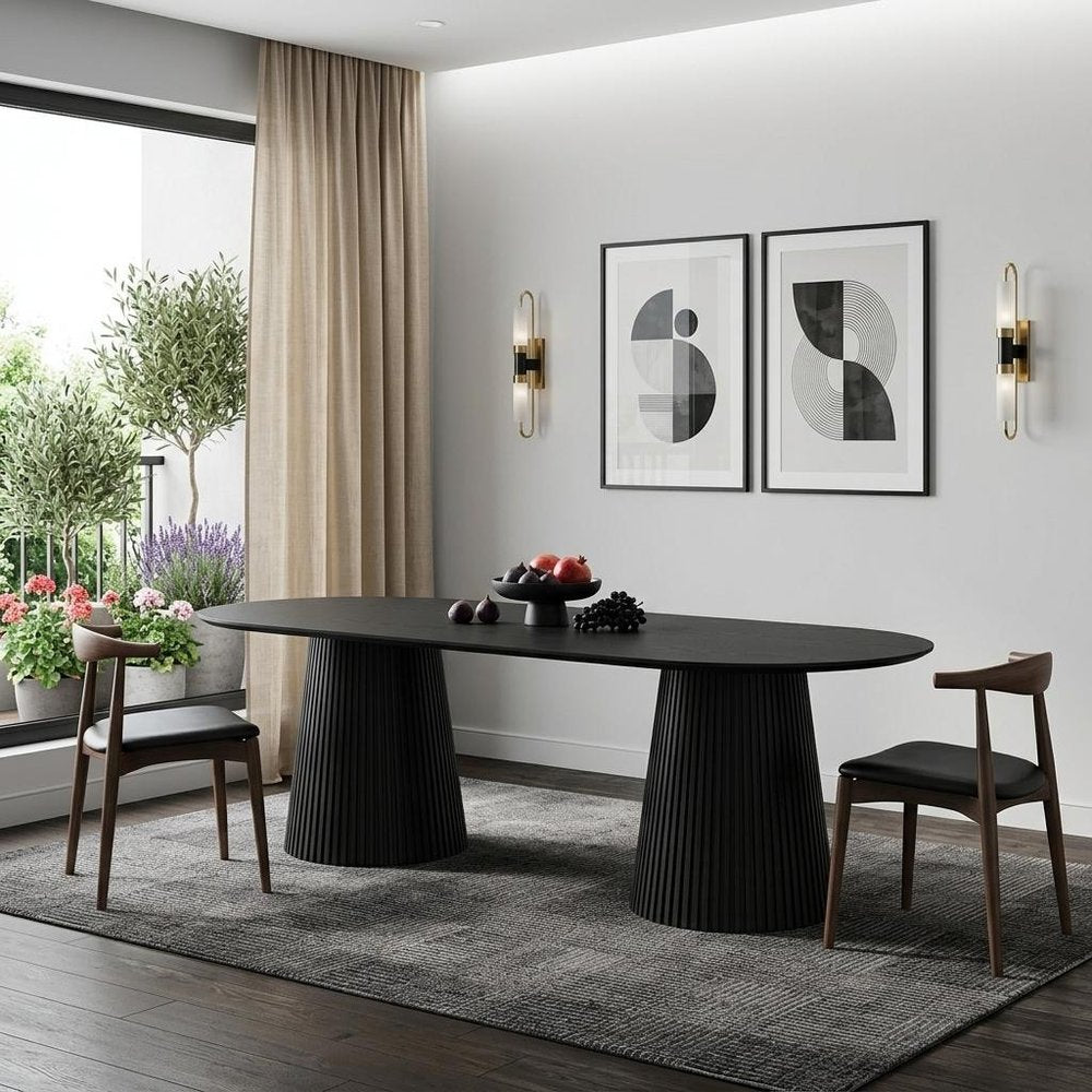 86" Black Wood Double Pedestal Base Oval Dining Table