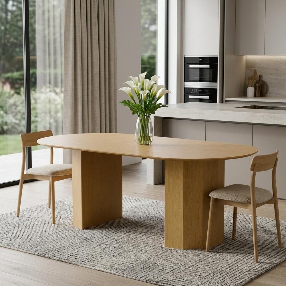 86" Natural Wood Double Pedestal Base Oval Dining Table