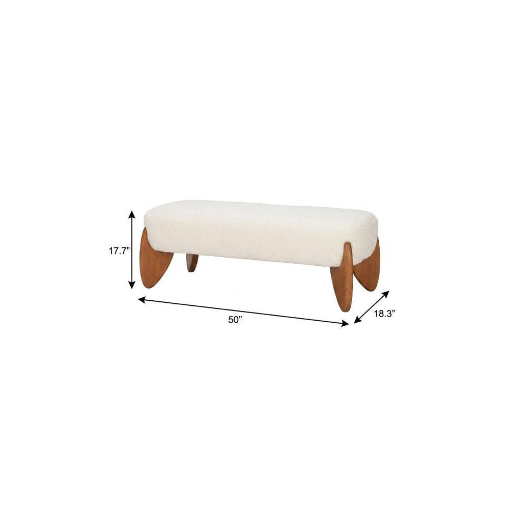 50" Ivory and Brown Boucle and Solid Wood Upholstered Bench