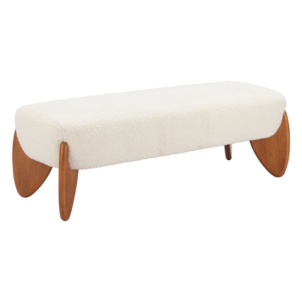 50" Ivory and Brown Boucle and Solid Wood Upholstered Bench
