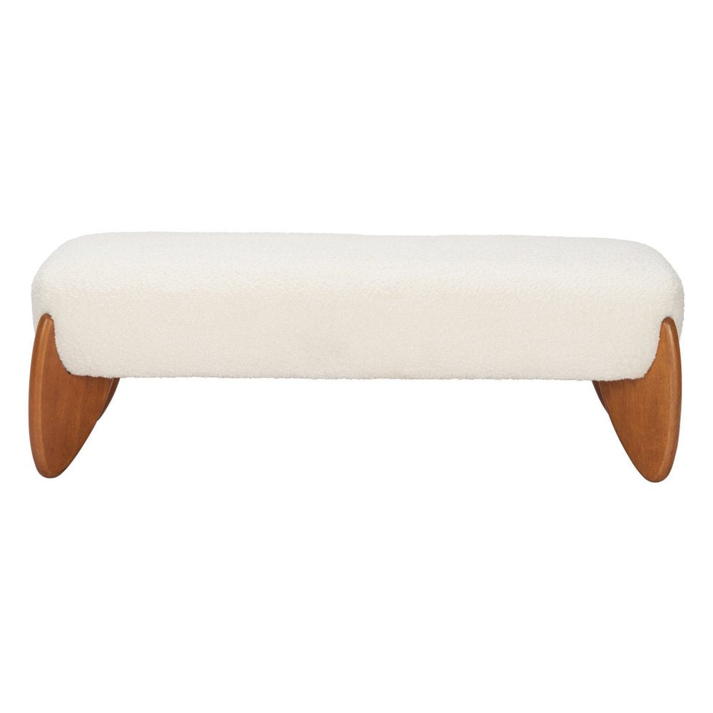 50" Ivory and Brown Boucle and Solid Wood Upholstered Bench