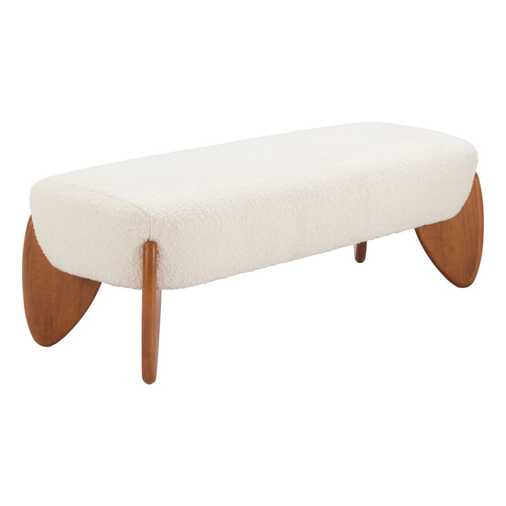 50" Ivory and Brown Boucle and Solid Wood Upholstered Bench
