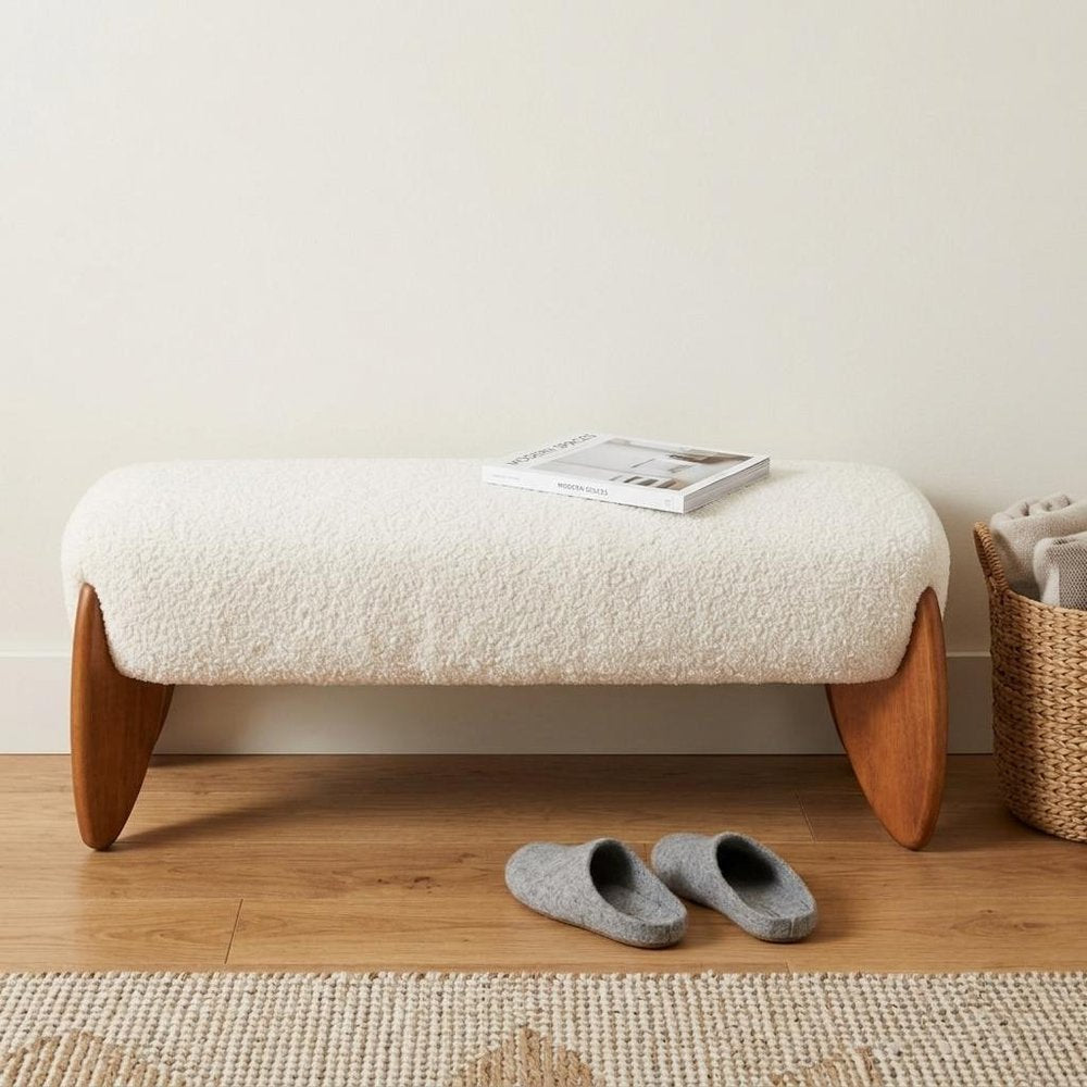 50" Ivory and Brown Boucle and Solid Wood Upholstered Bench