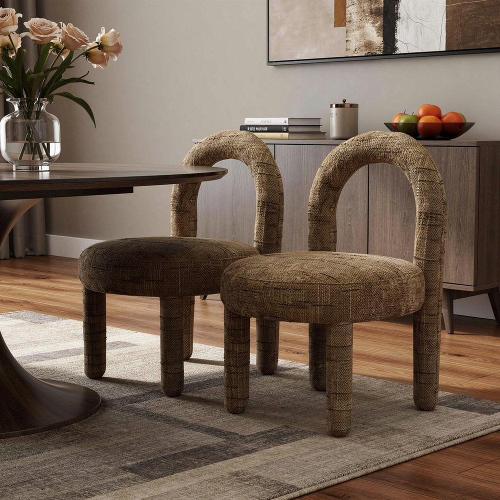 Set of Two Brown Chenille And Solid Wood Open Back Dining Side Chairs