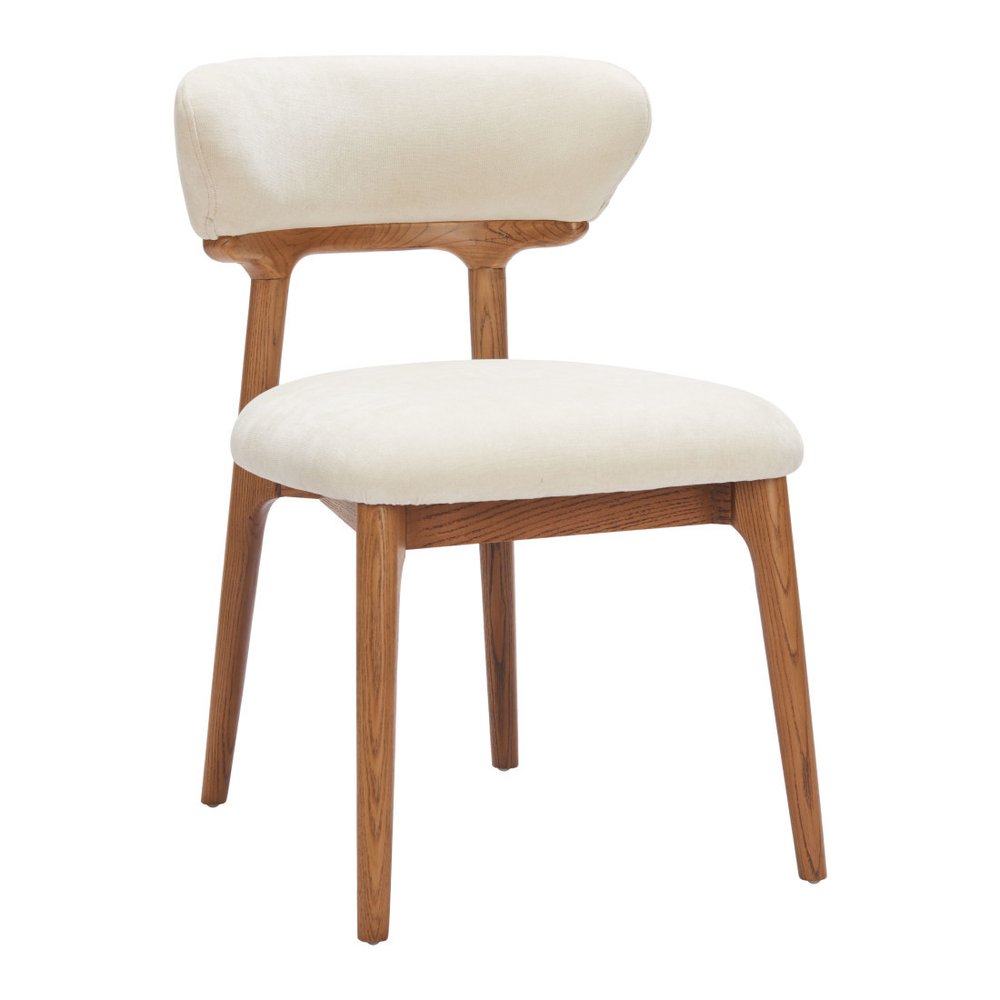 Set of Two White And Walnut Upholstery And Solid Wood Open Back Dining Side Chairs