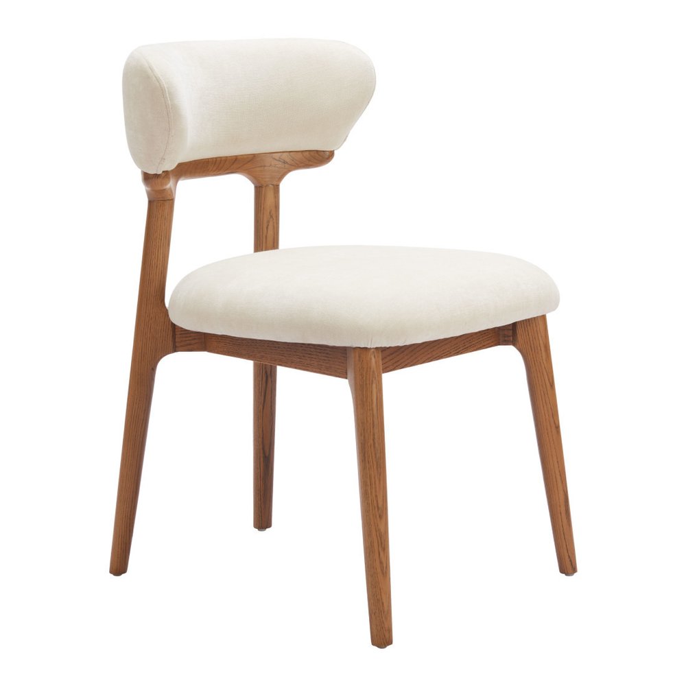 Set of Two White And Walnut Upholstery And Solid Wood Open Back Dining Side Chairs