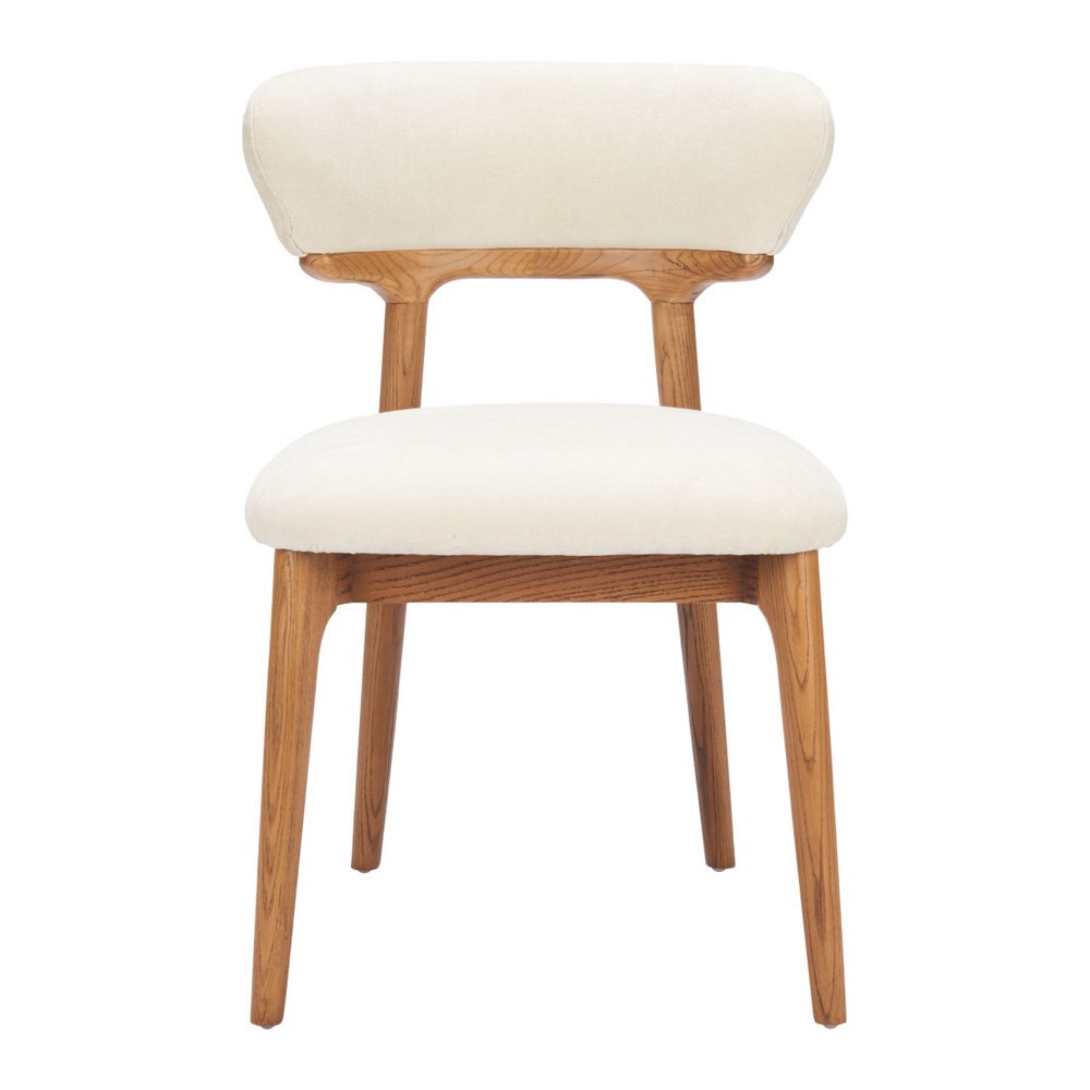 Set of Two White And Walnut Upholstery And Solid Wood Open Back Dining Side Chairs