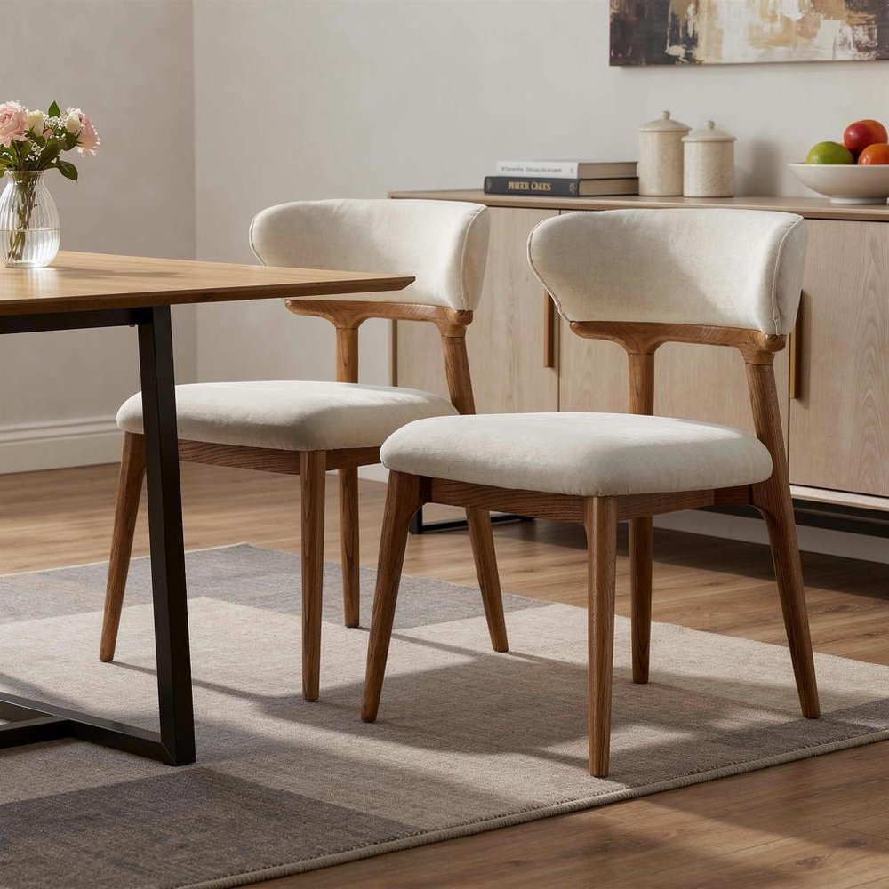 Set of Two White And Walnut Upholstery And Solid Wood Open Back Dining Side Chairs