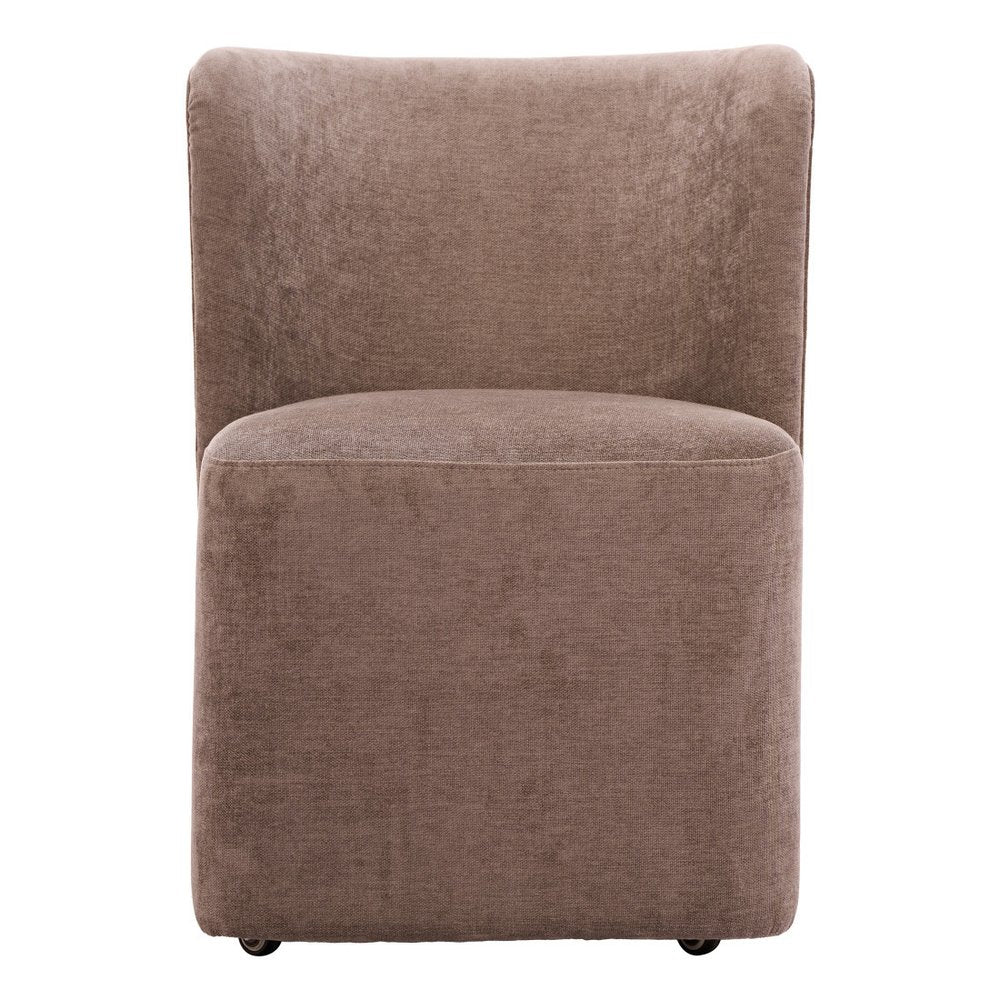 Taupe And Brown Upholstery And Solid Wood And Steel Dining Side Chair With Wheels