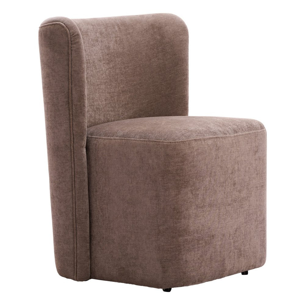 Taupe And Brown Upholstery And Solid Wood And Steel Dining Side Chair With Wheels