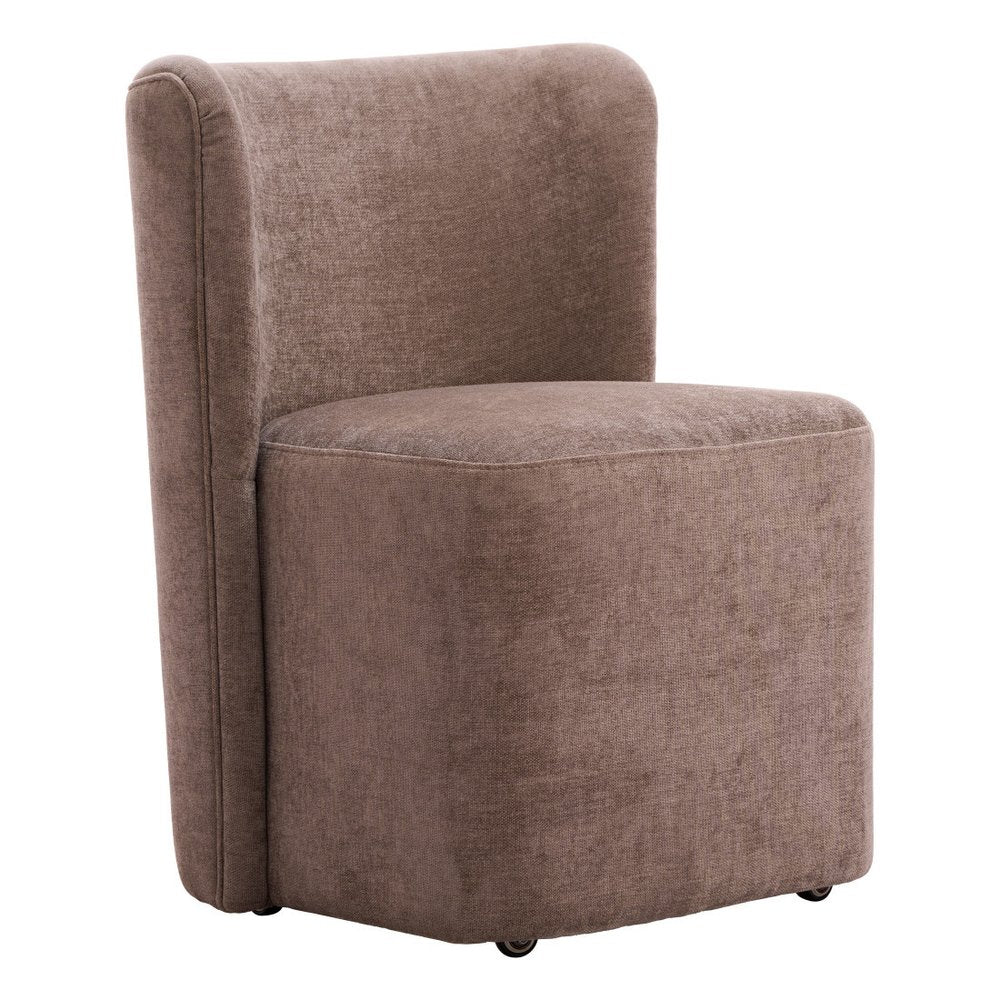 Taupe And Brown Upholstery And Solid Wood And Steel Dining Side Chair With Wheels