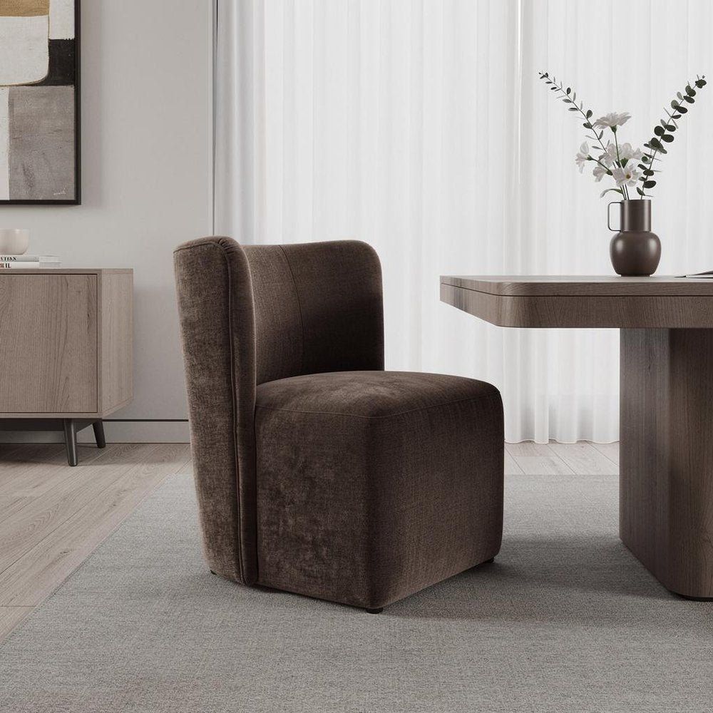 Taupe And Brown Upholstery And Solid Wood And Steel Dining Side Chair With Wheels