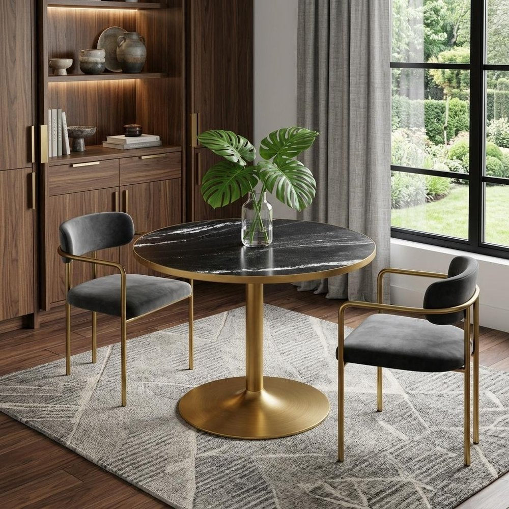 36" Black And Gold Faux Marble And Steel Pedestal Base Round Top Dining Table