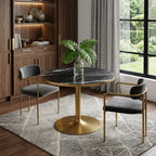 36" Black And Gold Faux Marble And Steel Pedestal Base Round Top Dining Table