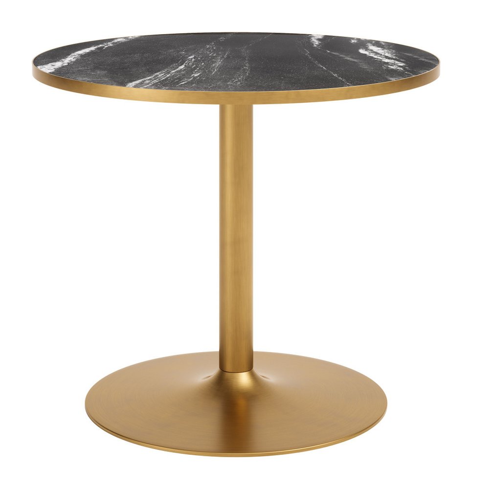36" Black And Gold Faux Marble And Steel Pedestal Base Round Top Dining Table