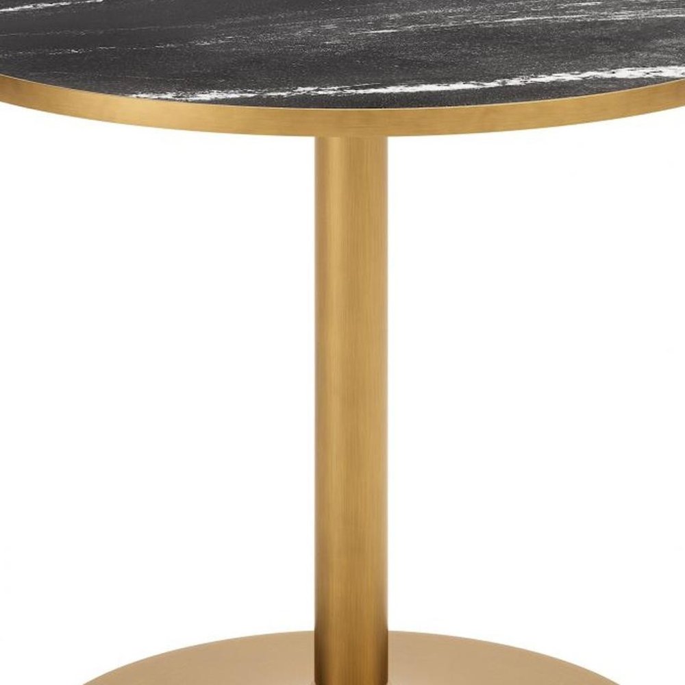 36" Gray And Black Faux Marble And Steel Pedestal Base Round Top Dining Table