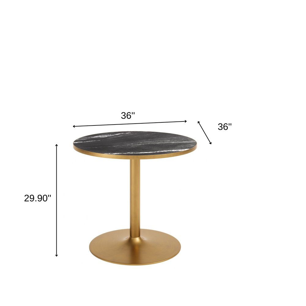 36" Black And Gold Faux Marble And Steel Pedestal Base Round Top Dining Table