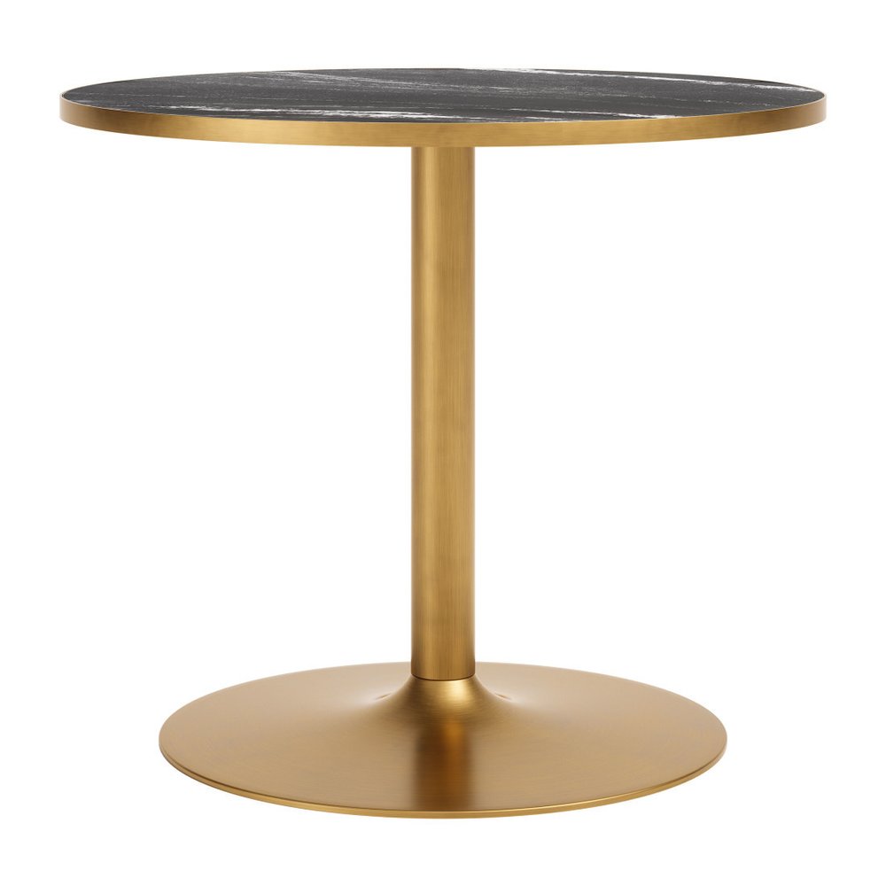 36" Black And Gold Faux Marble And Steel Pedestal Base Round Top Dining Table
