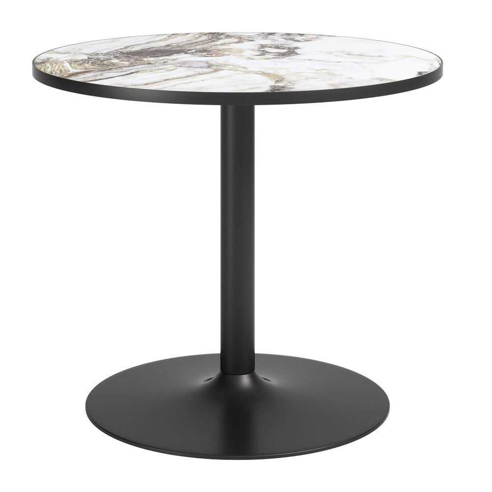36" Black And Gold Faux Marble And Steel Pedestal Base Round Top Dining Table