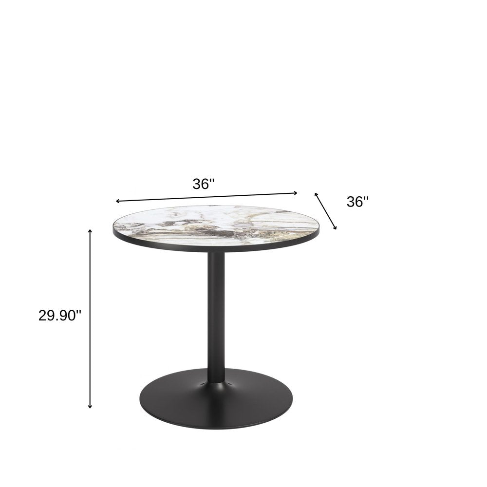 36" Black And Gold Faux Marble And Steel Pedestal Base Round Top Dining Table
