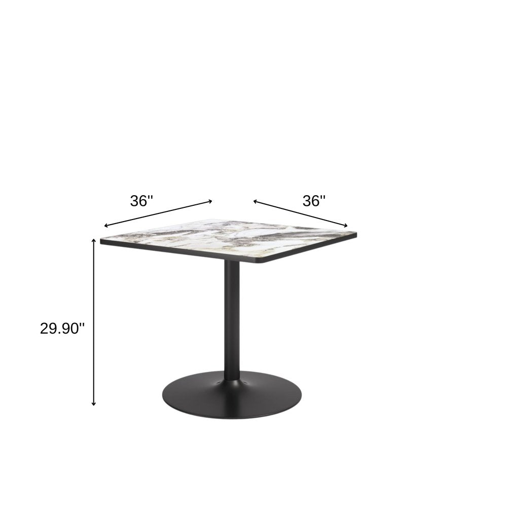 36" Gray And Black Faux Marble And Steel Pedestal Base Square Dining Table