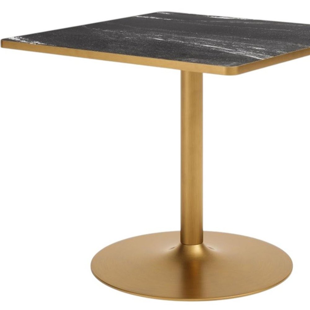 36" Black And Gold Faux Marble And Steel Pedestal Base Square Dining Table