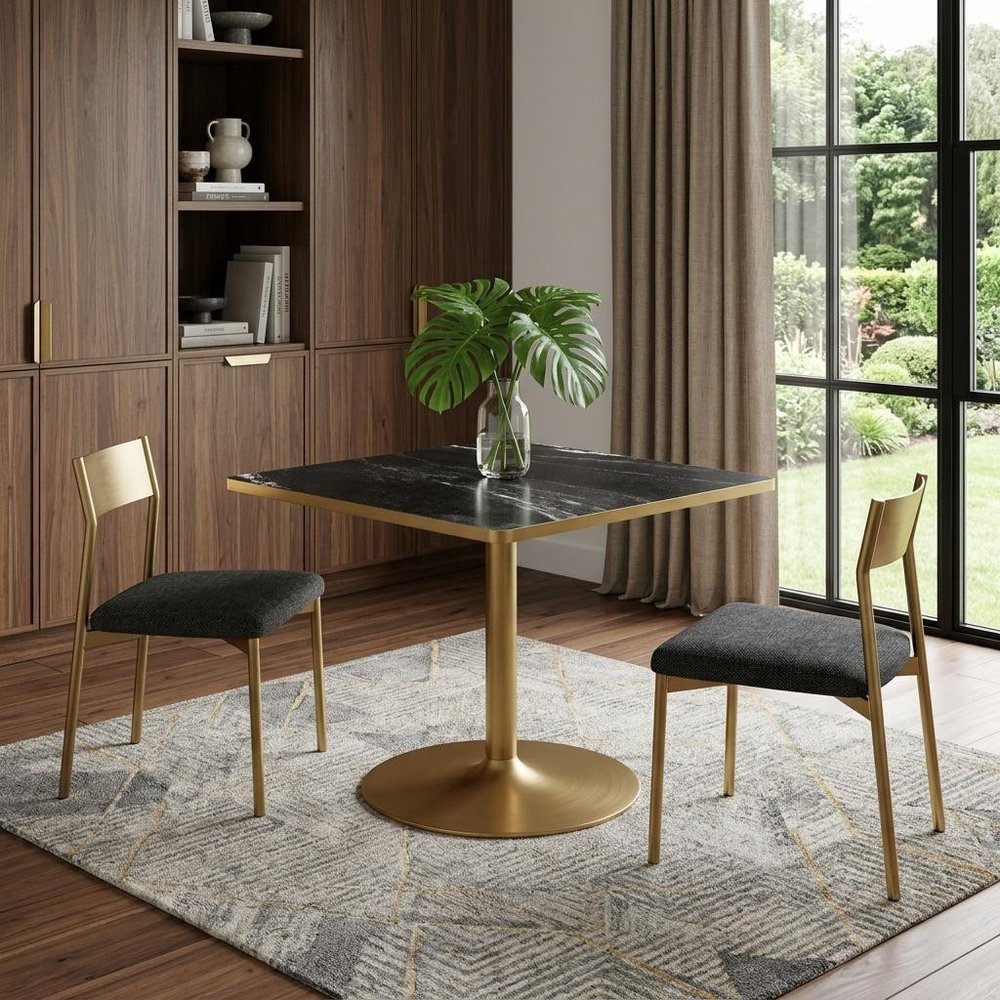 36" Gray And Black Faux Marble And Steel Pedestal Base Square Dining Table